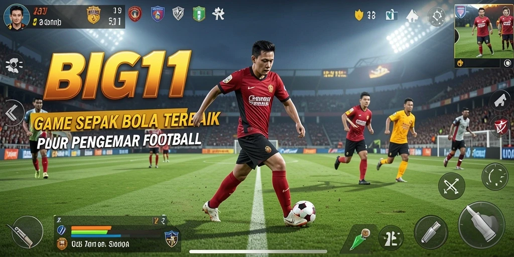 Screenshot gameplay BIG11 menampilkan aksi seru sepak bola di lapangan.