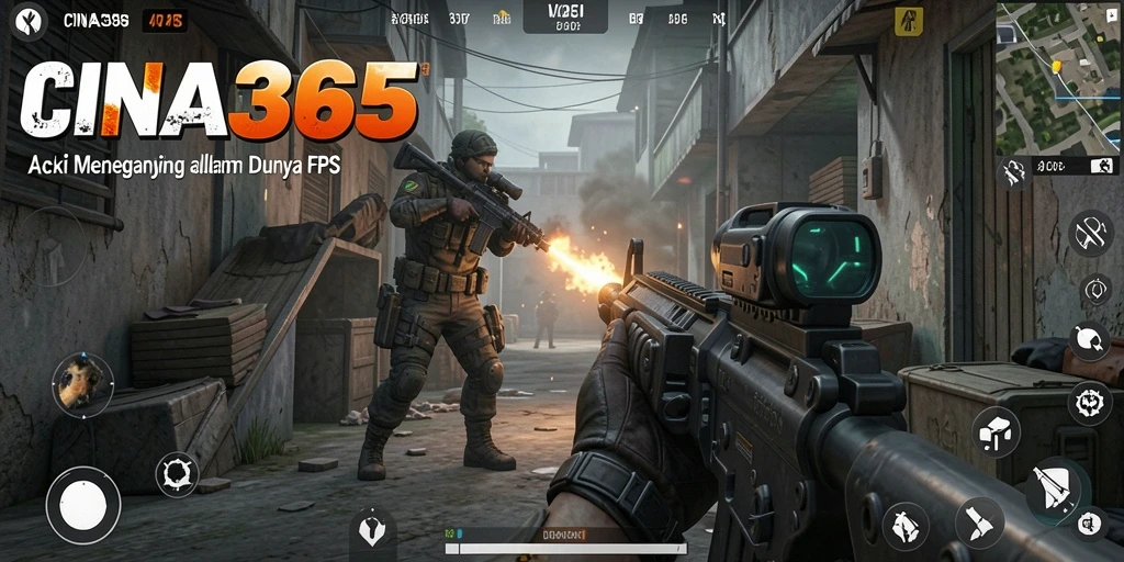 Screenshot menunjukkan aksi seru gameplay FPS dalam CINA365.