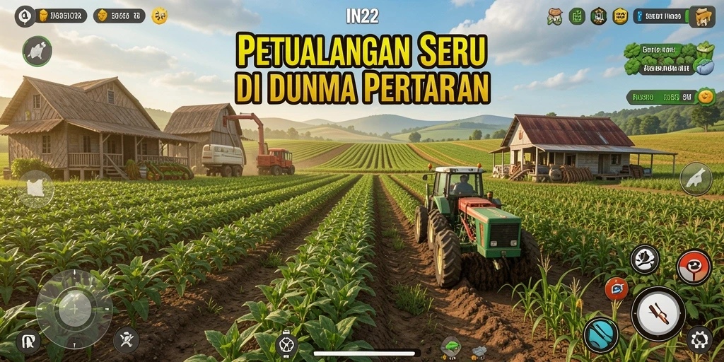 Screenshot gamplay IN22 yang menunjukkan ladang hijau subur dan aktivitas bertani.