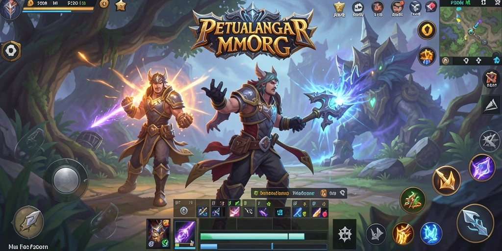 Screenshot utama P200M menampilkan pertempuran epik di dunia MMORPG yang indah.