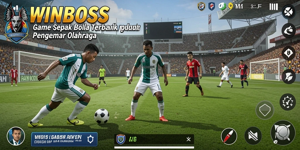 Menampilkan aksi seru dalam game sepak bola.